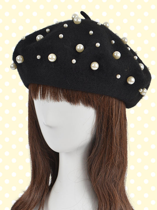 Beret with Pearls - Black