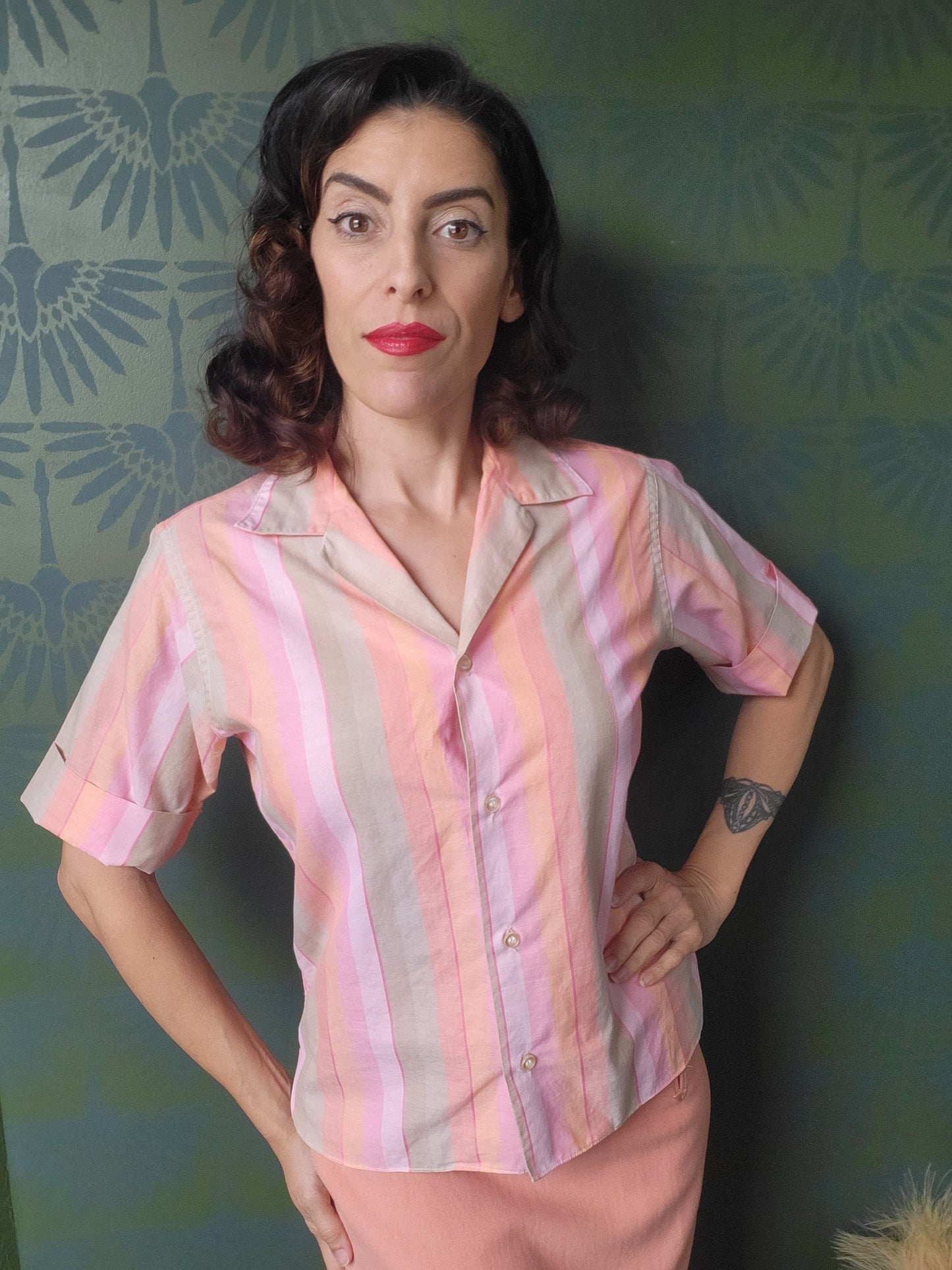 SOLD - Vintage 1950's-1960's Blousemaker by Arrow Striped Cotton Blouse - Pink/Peach