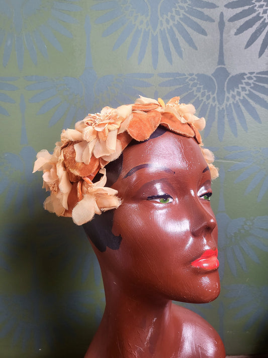 SOLD - Vintage 1950s-1960s Peach and Dark Orange Plush Velvet and Tan Chiffon Flower Crescent Topper