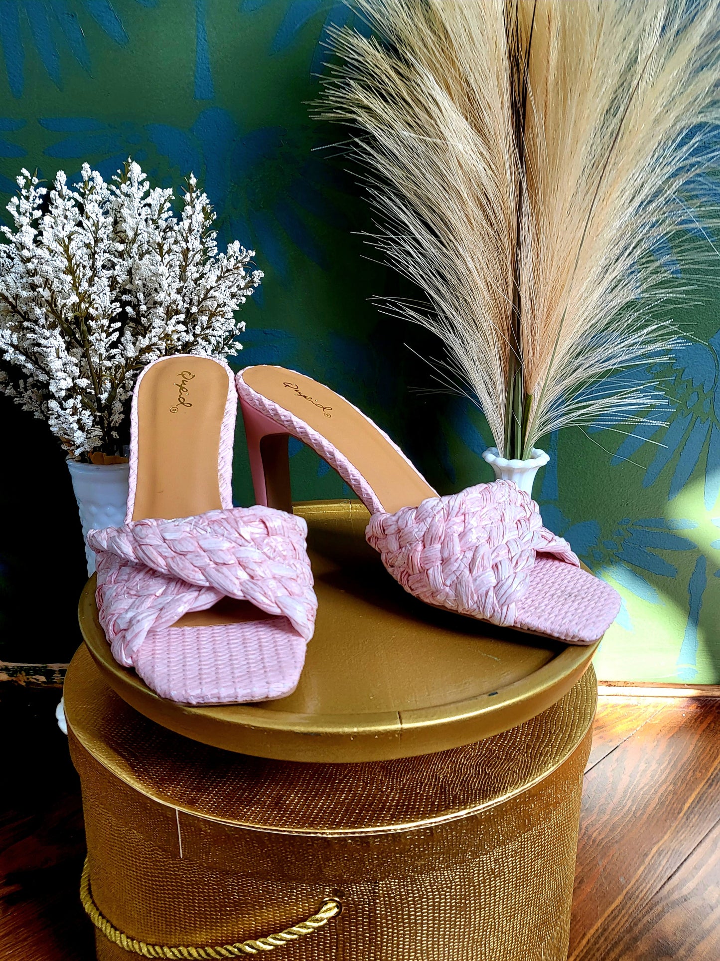 Raffia Woven Twisted Slide High Heel Sandals - PINK