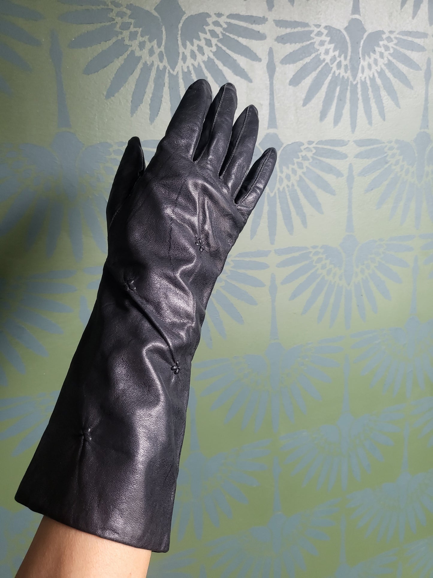 SOLD - Vintage Black Leather Winter Gloves -Flower Dots