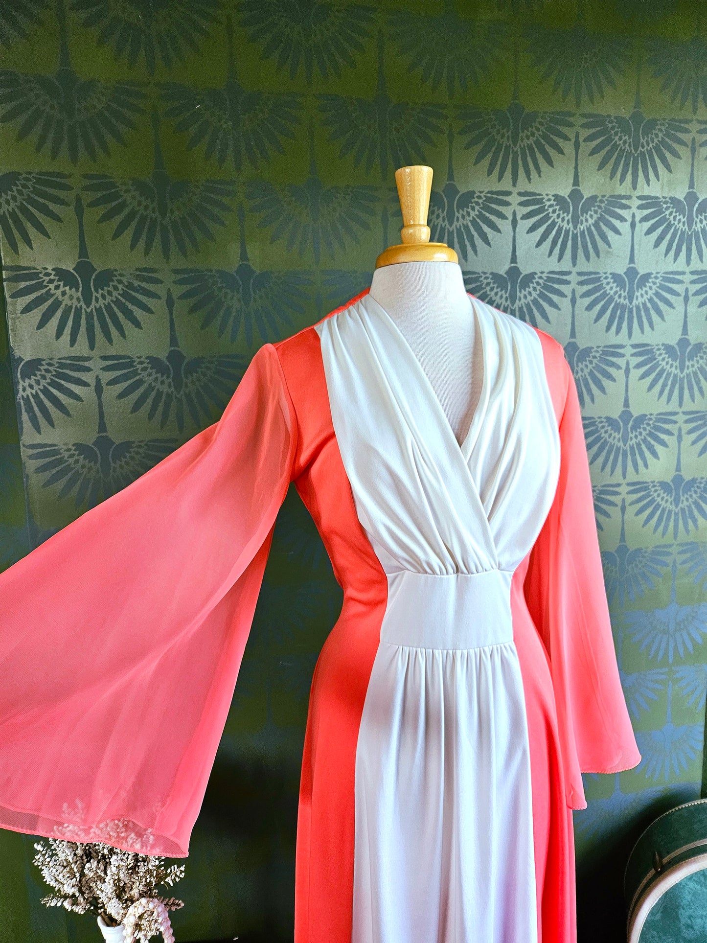 STYLE 1042 - Vintage 1970's "Sears Fashion" Peach and White Maxi Dress