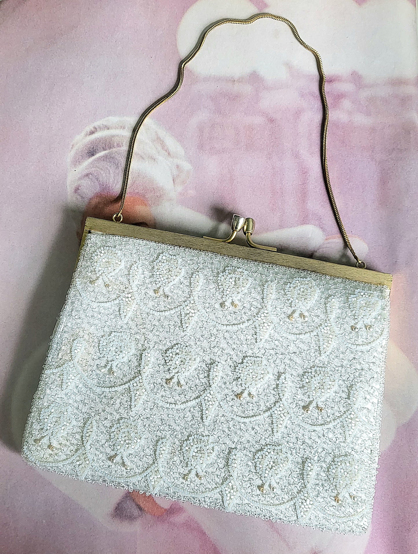 STYLE 2001 - Vintage 1950's White Satin and Bead Evening Bag