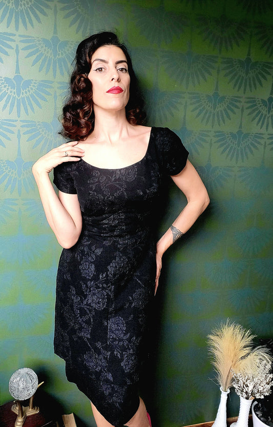 SOLD - Vintage 1950's-1960's Mardi Gras of New York Black Brocade Cocktail Dress