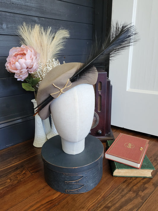 SOLD - Vintage 1930's-1940's MerriMac Taupe Topper with Feather