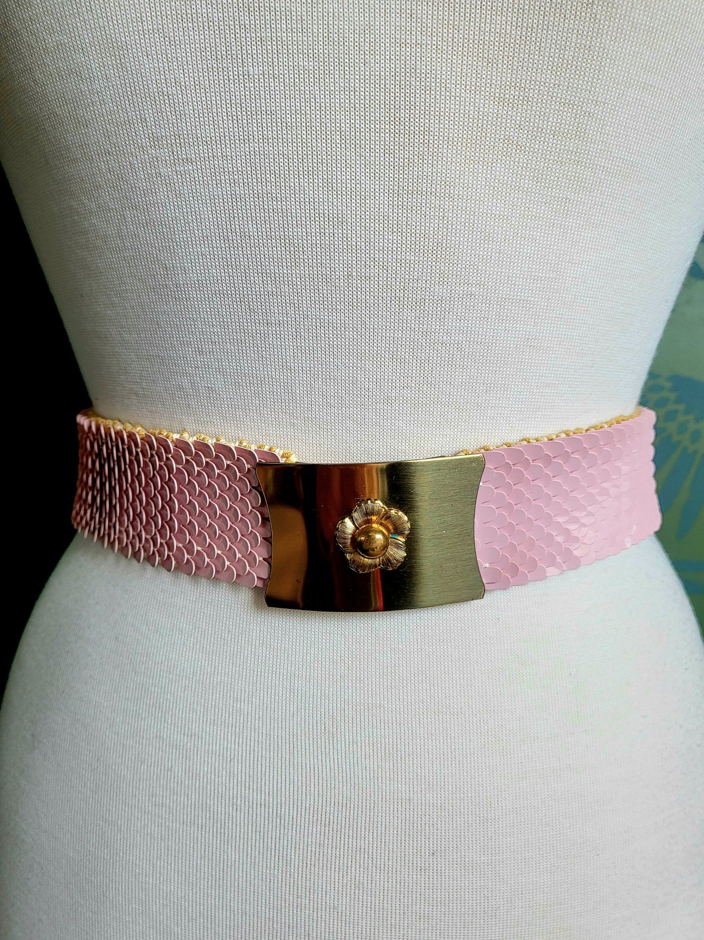 SOLD - Vintage Pale Pink Scales Elastic Belt with Large Golden Buckle