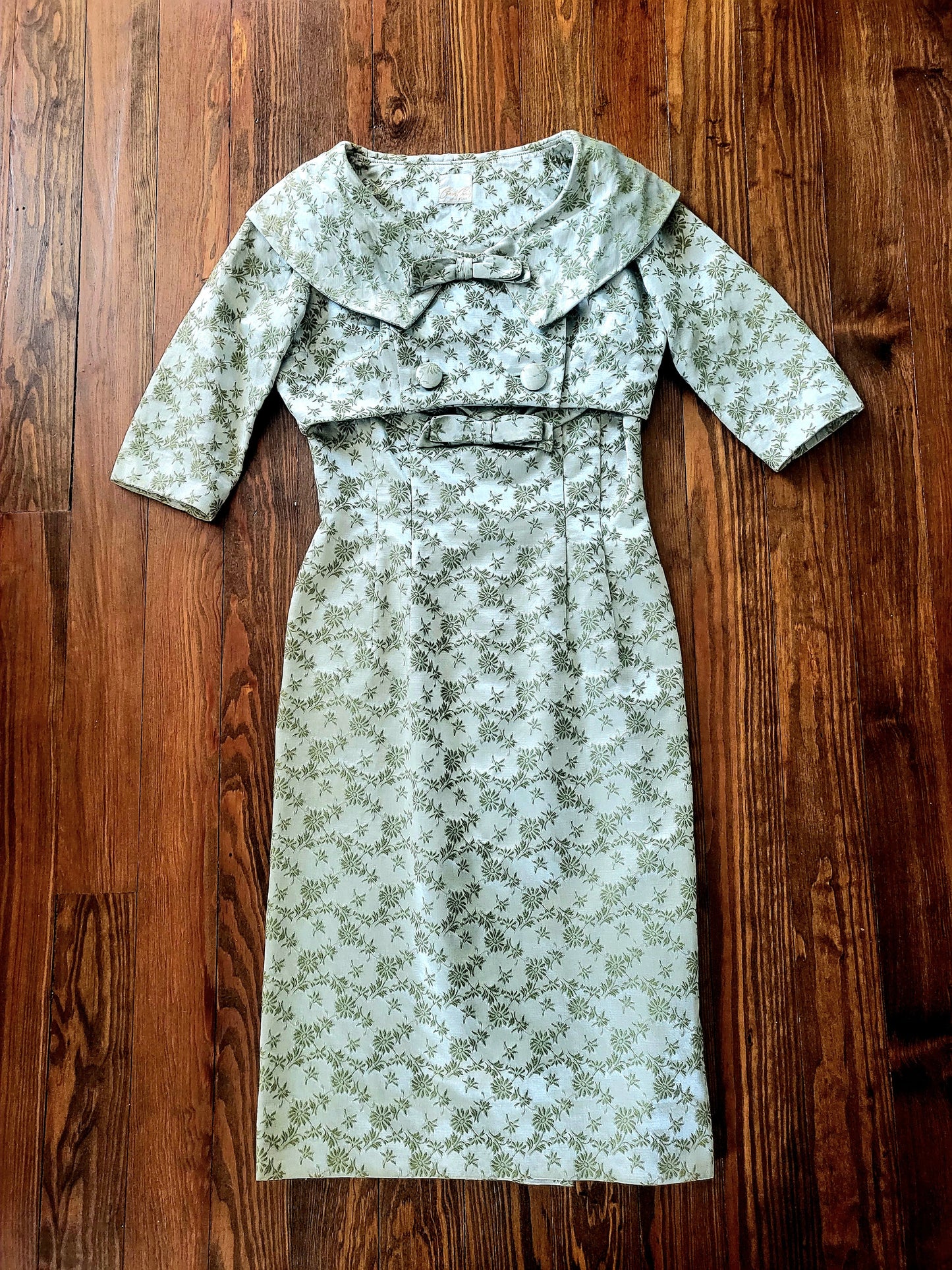 Vintage 1950's-1960's Carol Craig Sage Green Brocade Wiggle Dress with Bolero