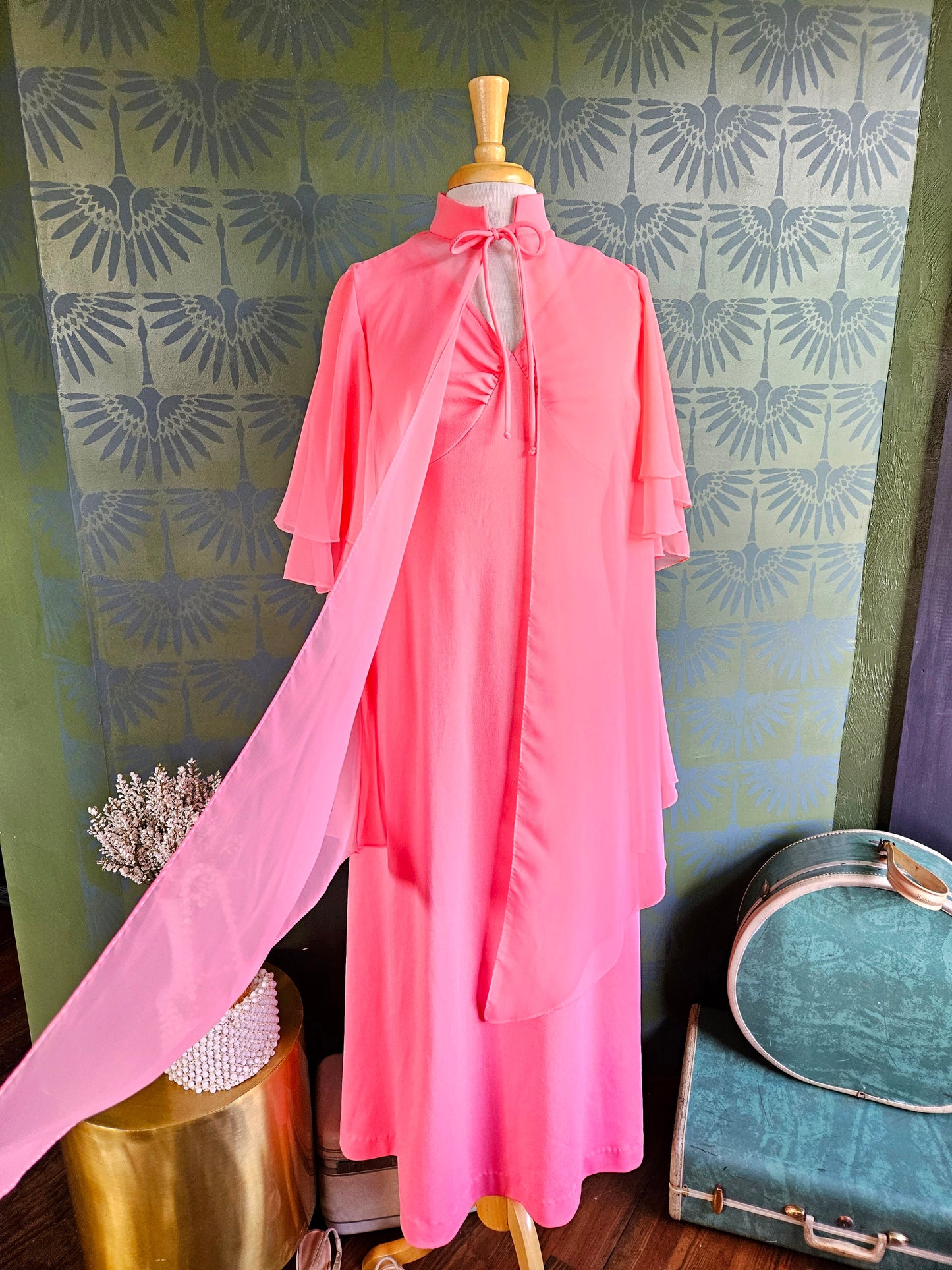 STYLE 1041 - Vintage 1970's "Changes" Pink Maxi Dress with Matching Pink Chiffon Cape