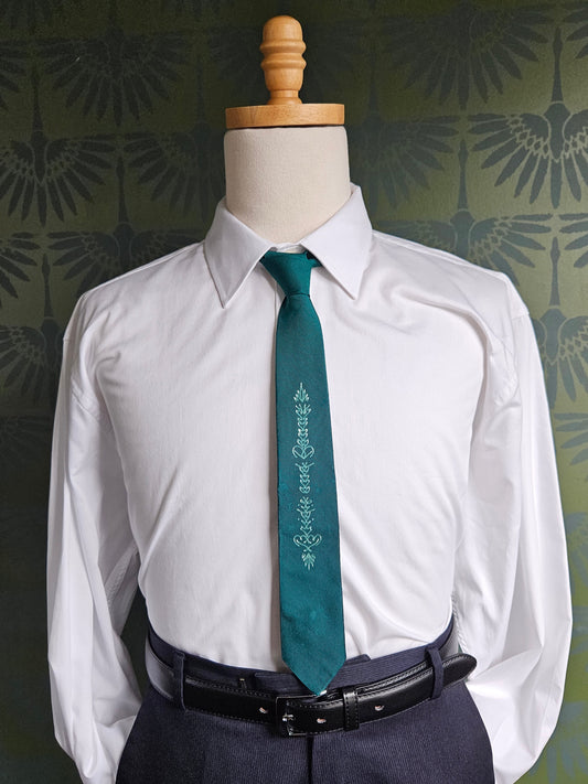 STYLE 3028 - Vintage 1950's-1960's Slim Green Silk Hand Painted Neck Tie