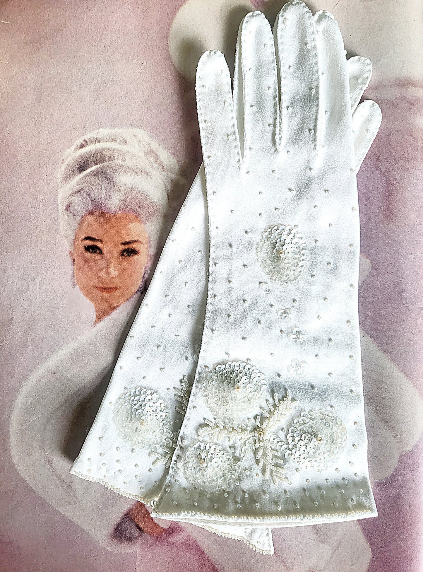 STYLE 3006 - Vintage 1950's-1960's Kasanova White Nylon Micro-Bead and Sequence Long Gloves