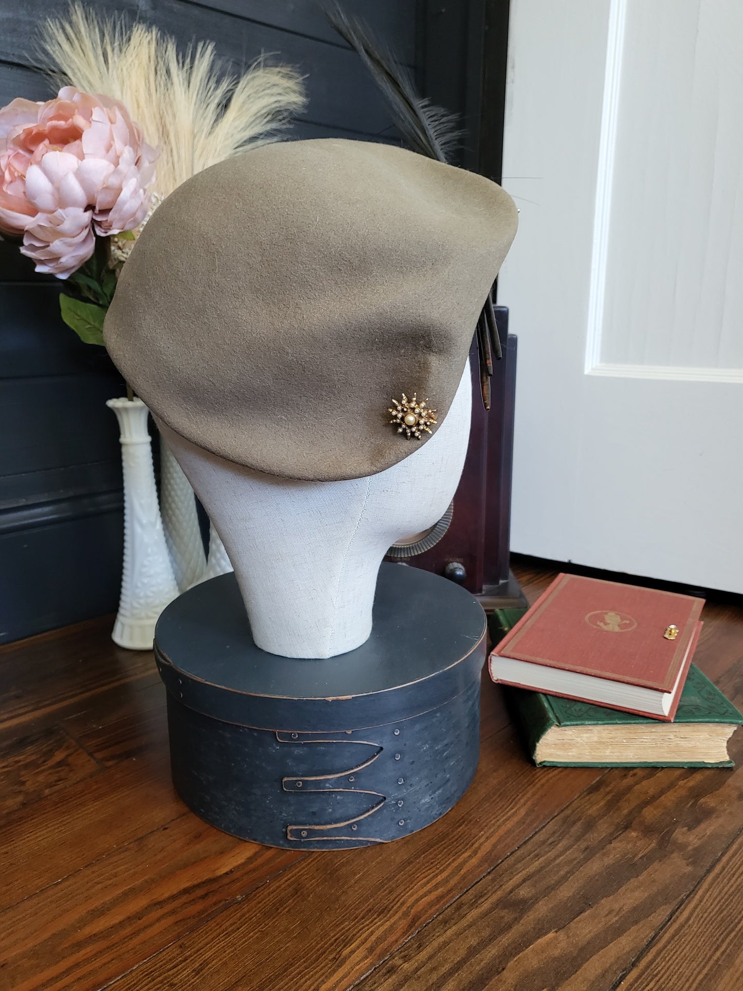 SOLD - Vintage 1930's-1940's MerriMac Taupe Topper with Feather