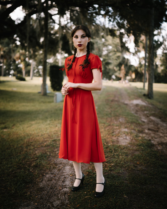 Ava Midi Dress Hand Embroidery with Empire Waist -Rustic Orange