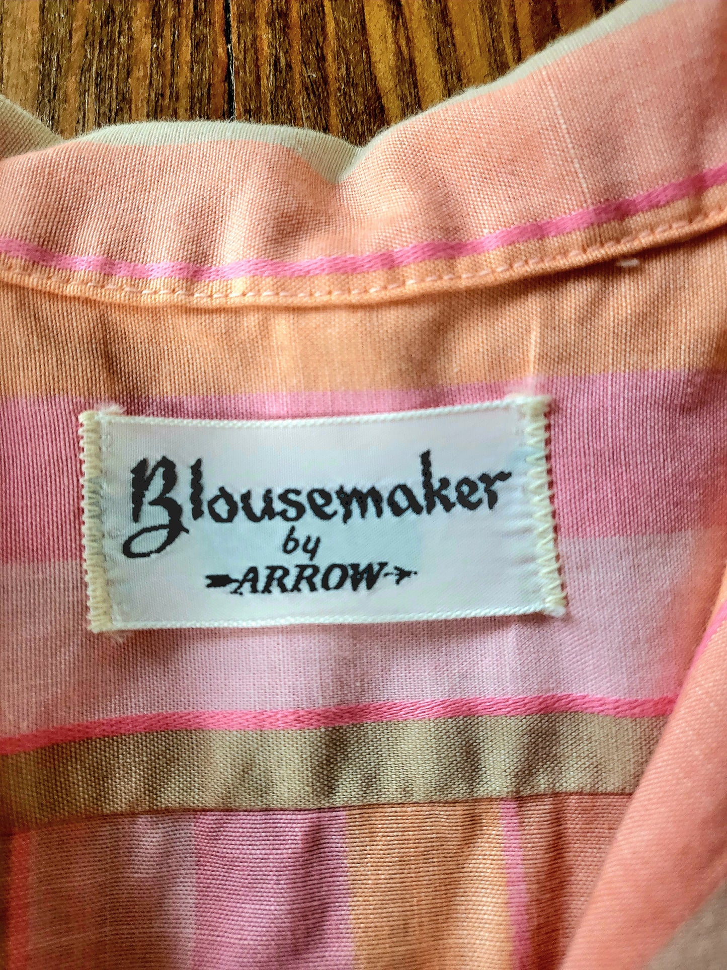 SOLD - Vintage 1950's-1960's Blousemaker by Arrow Striped Cotton Blouse - Pink/Peach