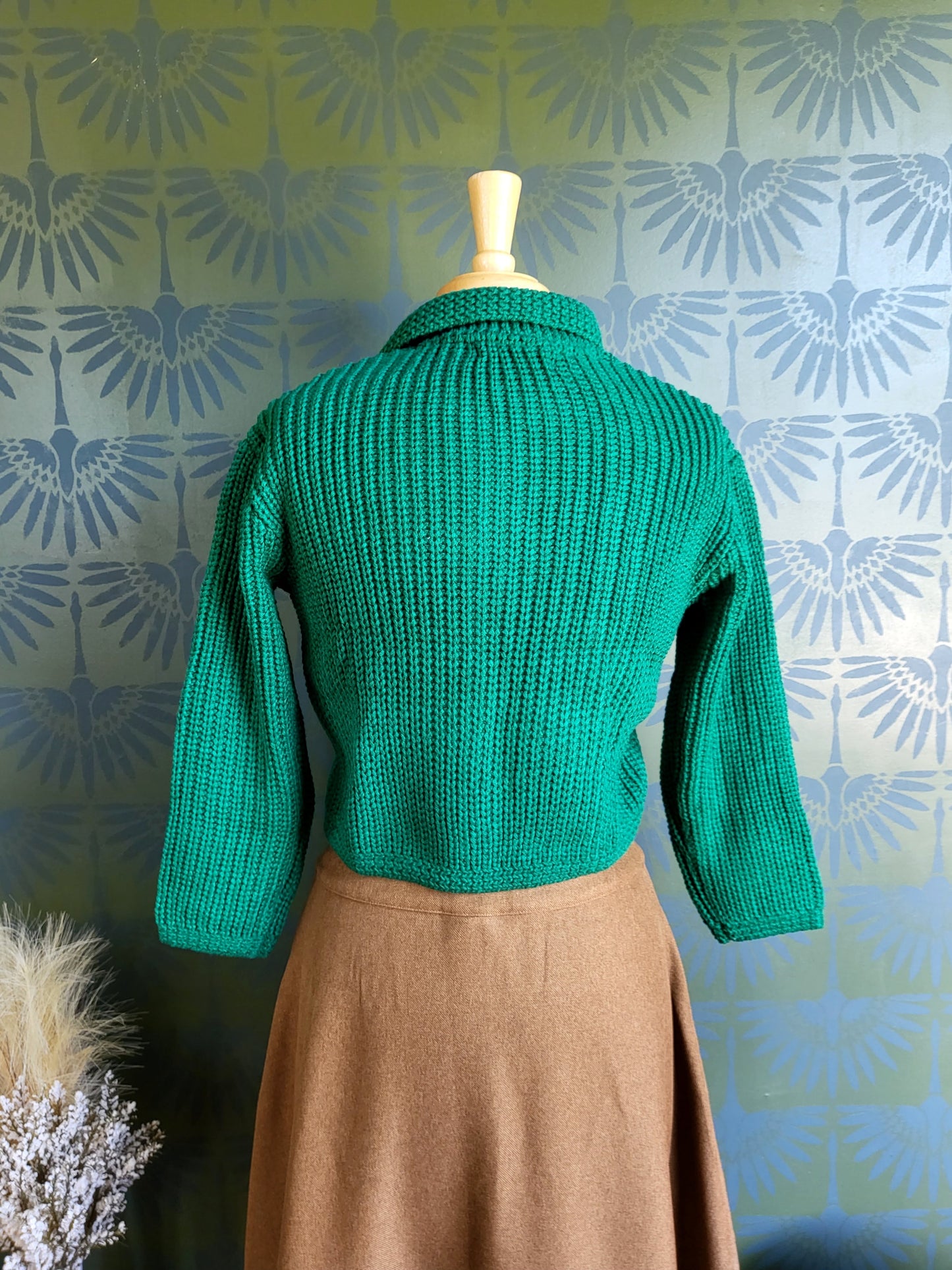 STYLE 5011 - Knit Cropped Collared Cardigan Sweater (Emerald)