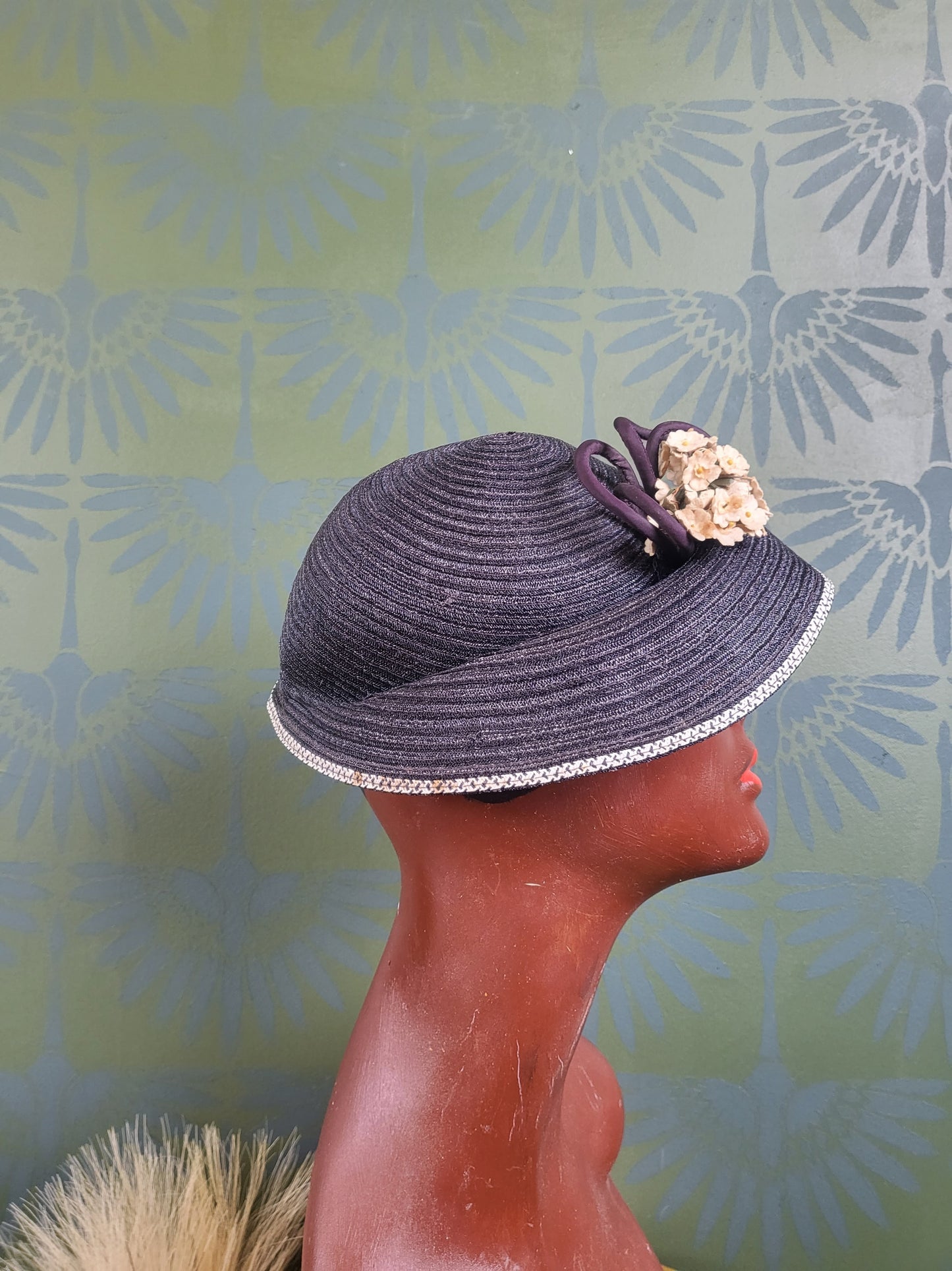 SOLD - Vintage 1930's-1940's Navy Straw Topper with Ivory Flowers