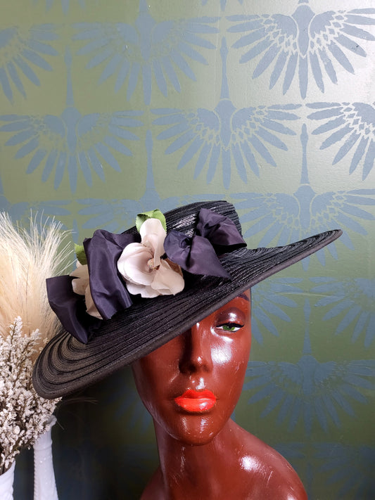 HAT27 - Vintage Striped Black Straw Weave Wide Brim Sun Hat