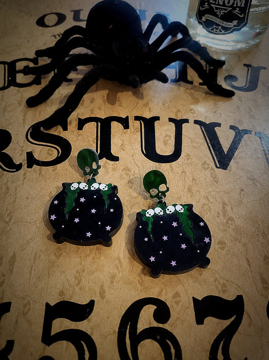 Acrylic Poison Magic Cauldron Skull Post Earrings (Pierced)