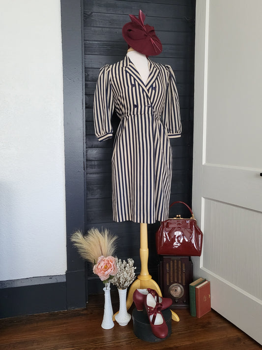 SOLD- Vintage 1980's Act I Petites of New York Puff Sleeve Striped A-Line Dress