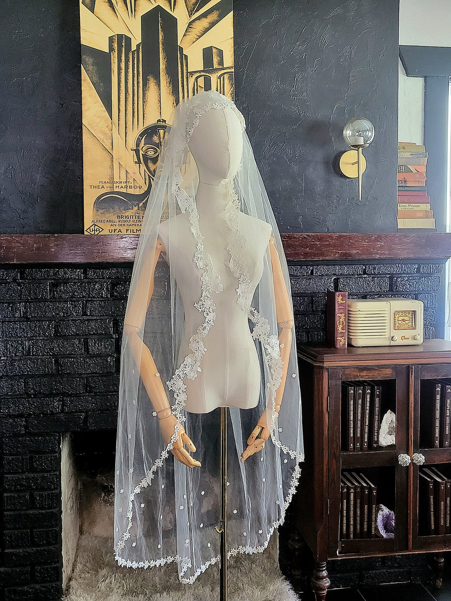 SOLD - Vintage White Lace on Tulle Long Veil