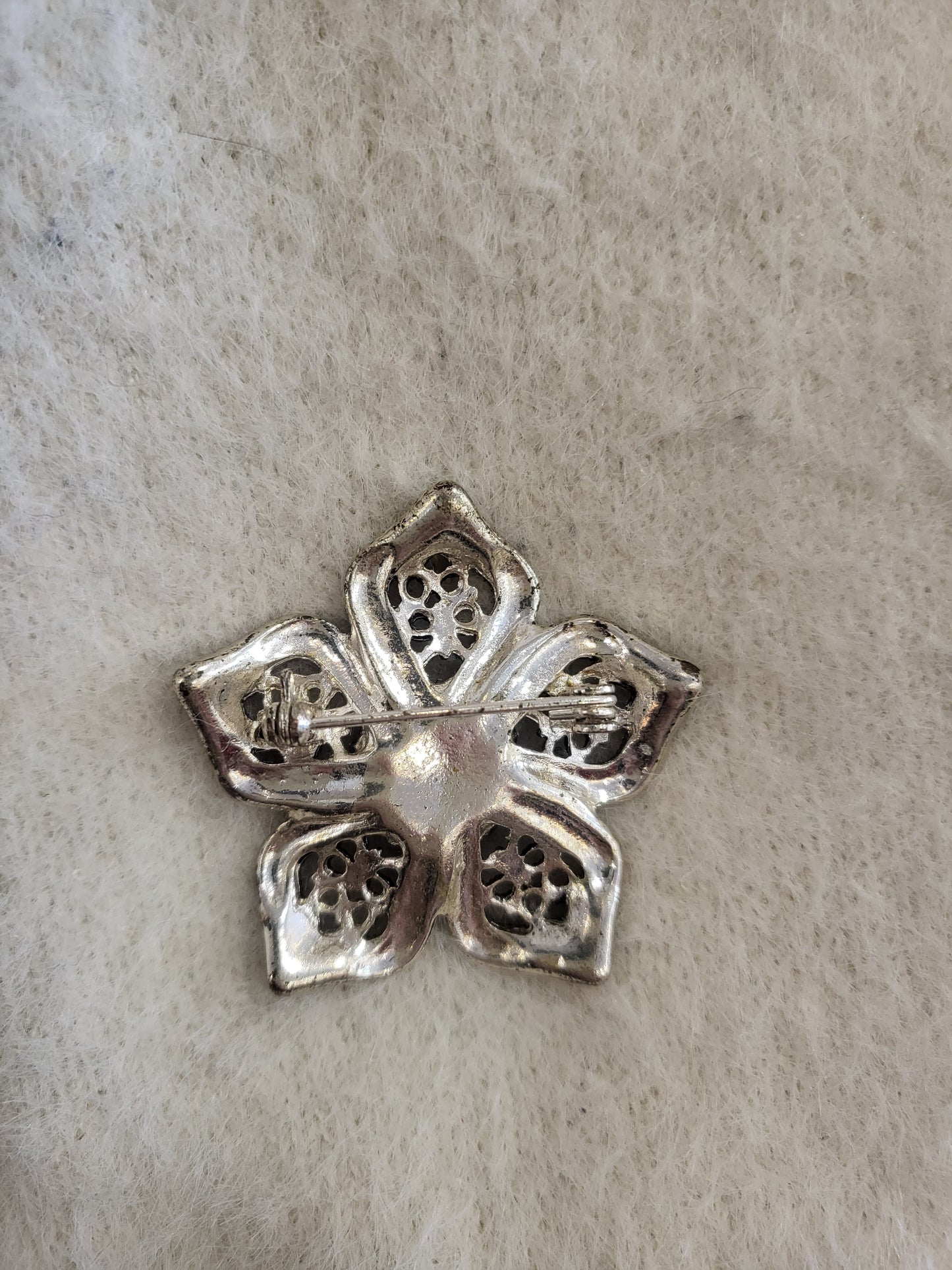 SOLD -Vintage Silver Tone Flower Brooch with Smoky Gray Rhinestone Cluster