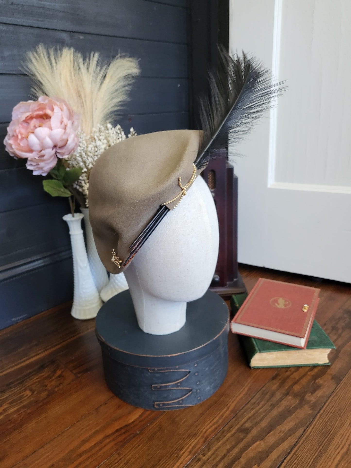 SOLD - Vintage 1930's-1940's MerriMac Taupe Topper with Feather