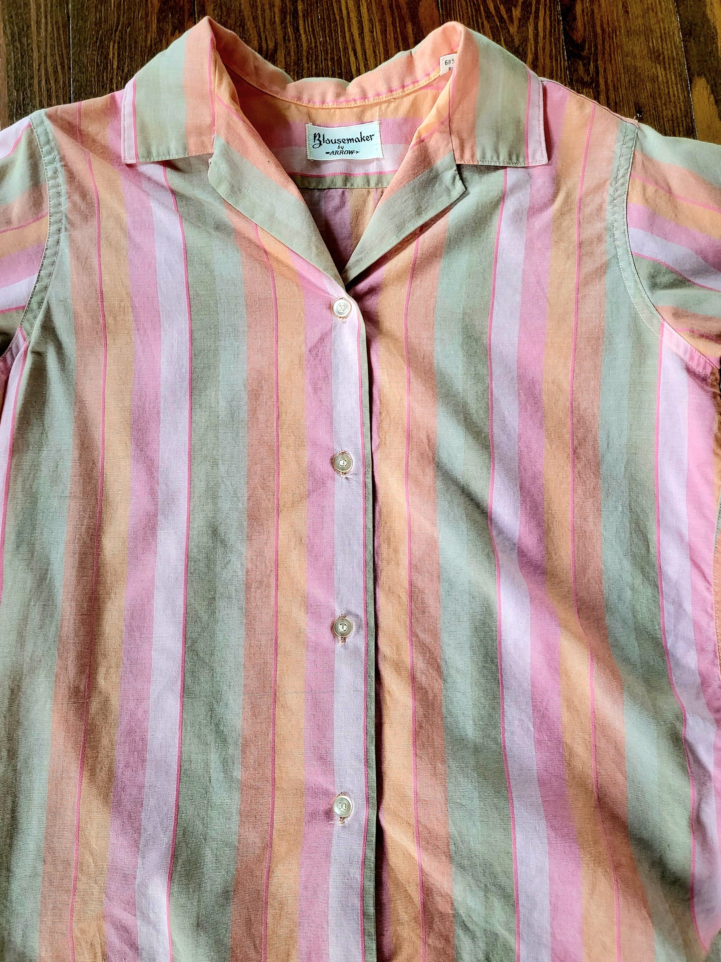 SOLD - Vintage 1950's-1960's Blousemaker by Arrow Striped Cotton Blouse - Pink/Peach