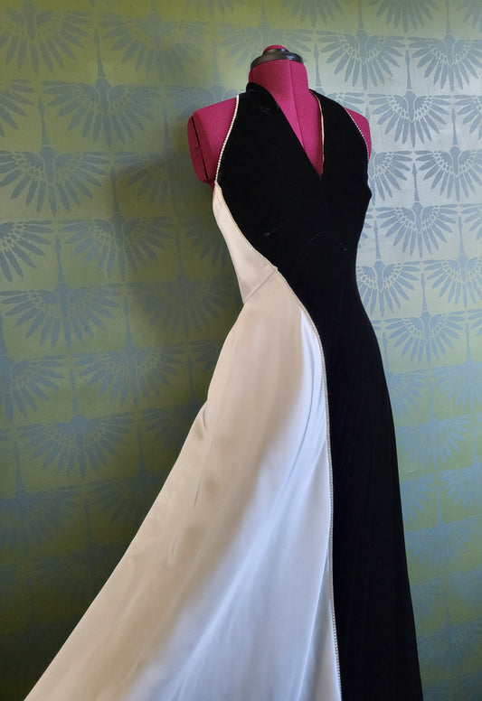 SOLD - Vintage Black Velvet and Ivory Satin Evening Halter Gown