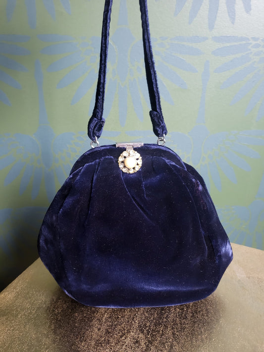 SOLD - Vintage 1940's-1950's Navy Velvet Evening Bag - Rhinestone and Pearl Clasp