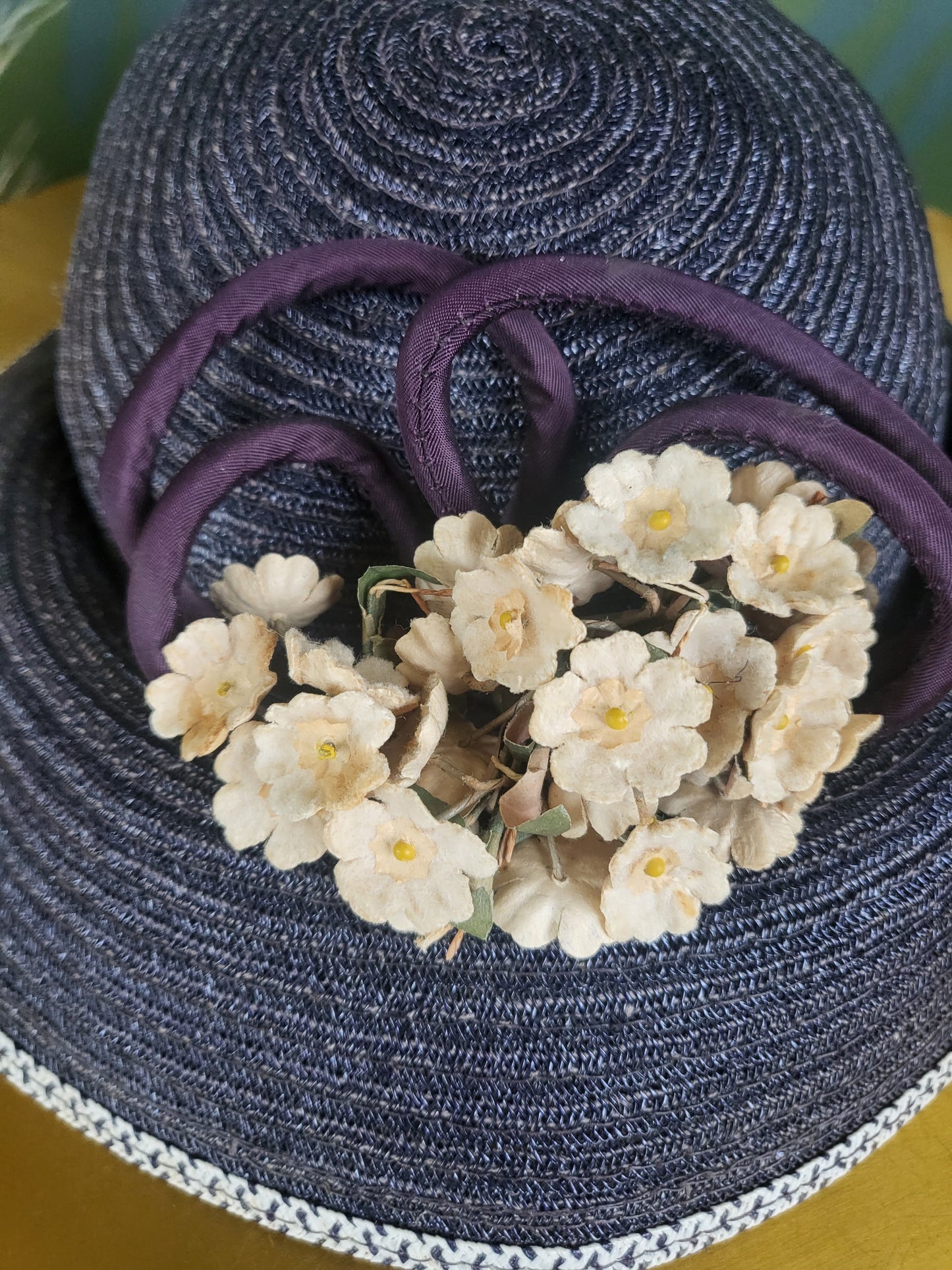 SOLD - Vintage 1930's-1940's Navy Straw Topper with Ivory Flowers