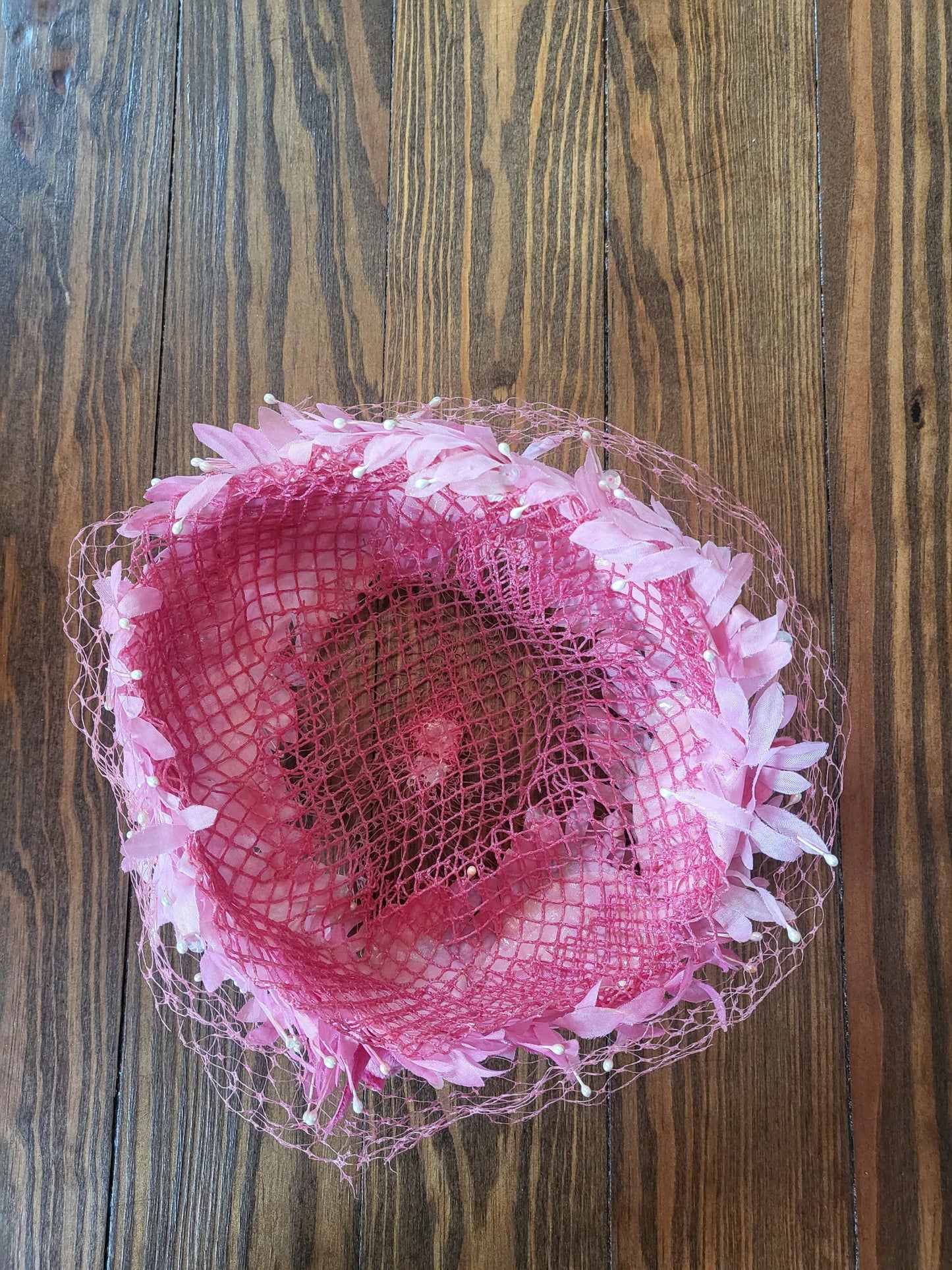 SOLD - Vintage 1950's-1960's Pink Petal Halo Cap with Birdcage Veil