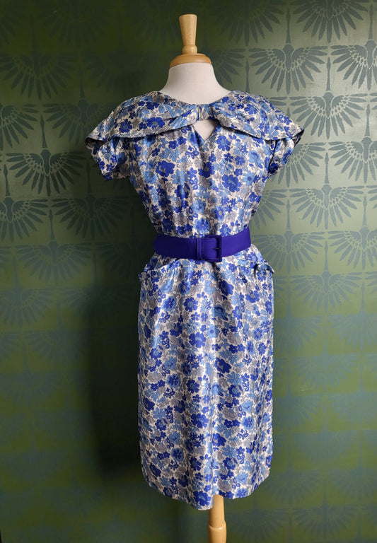 SOLD - Vintage 1950's Blakely Fashions Blue Floral Silk Dress