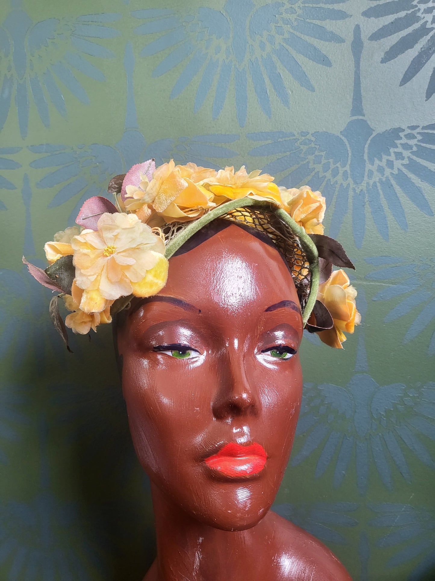 HAT17 - Vintage 1950s-1960s Orange and Yellow Floral Crescent Topper with Leaf Accents