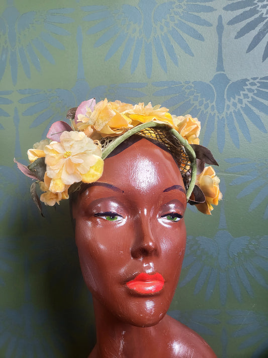 HAT17 - Vintage 1950s-1960s Orange and Yellow Floral Crescent Topper with Leaf Accents