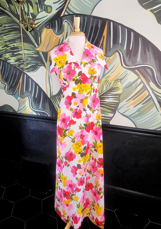 SOLD - Vintage 1960's-1970's "Toty Orginal" Pink Floral Halter Dress