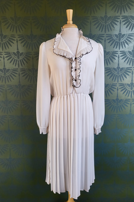 SOLD - Vintage Lady Carol of New York Ivory Dress with Neck Ruffle