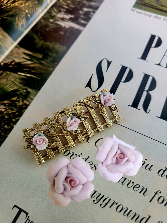 Vintage Pink Clay Rose Earrings and Golden Fence with Pink Roses Brooch Set (Clip-on)