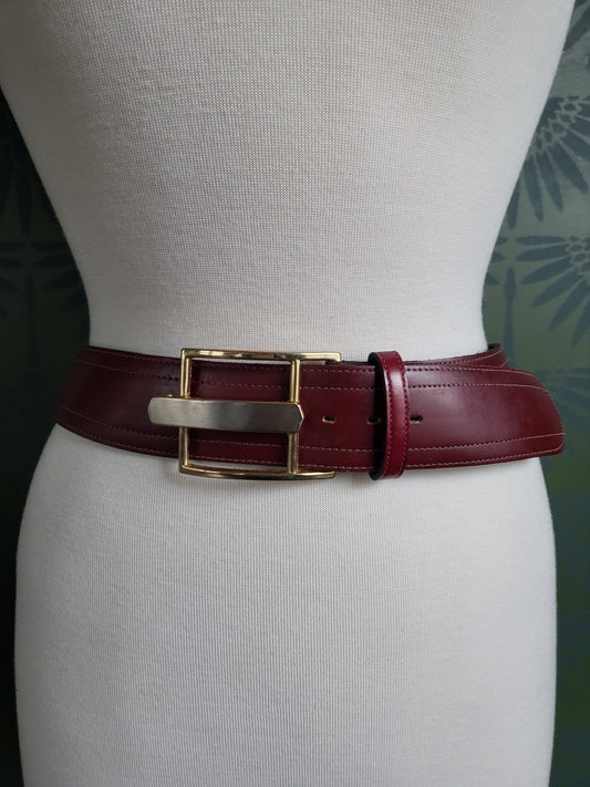 SOLD - Vintage Wide Burgundy Belt with Golden Buckle