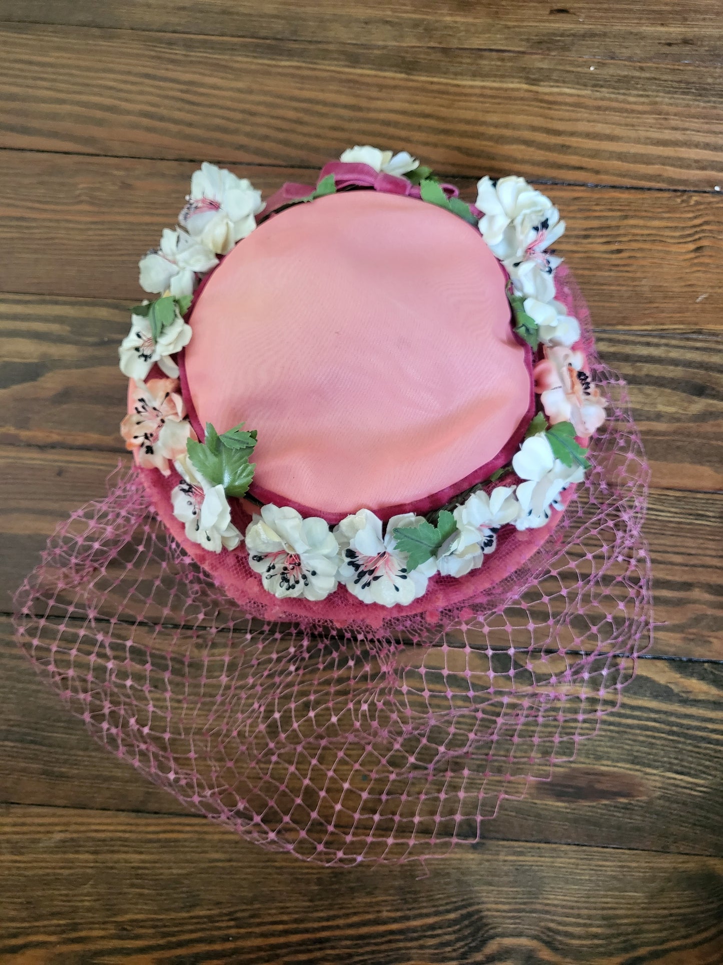 SOLD - Vintage 1950's Pink Fabric and Flower Circle Topper with Birdcage Veil