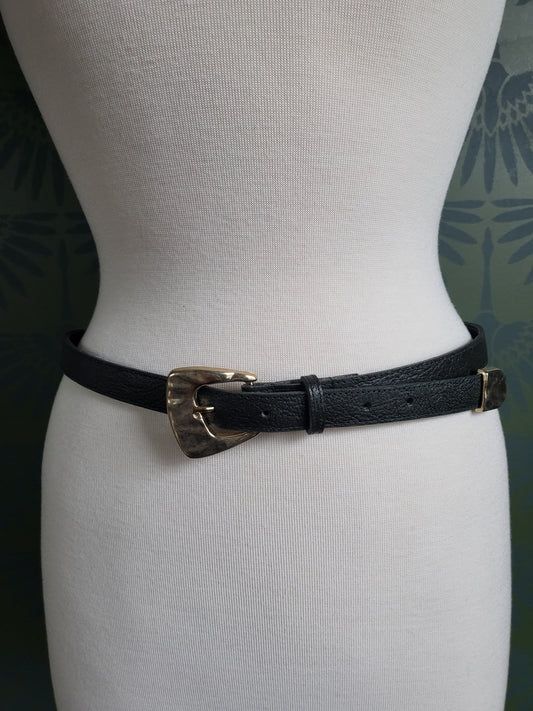 SOLD - Vintage Black Leather Belt with Abstract Golden Buckle