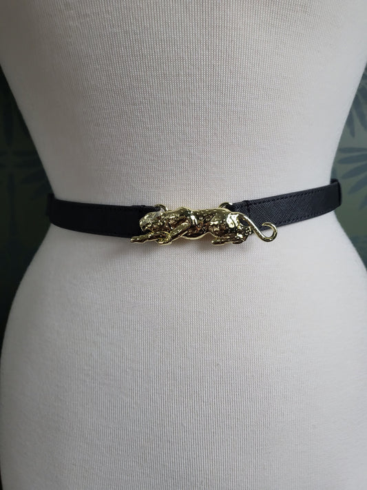 Black Leather Belt with Golden Leopard Buckle