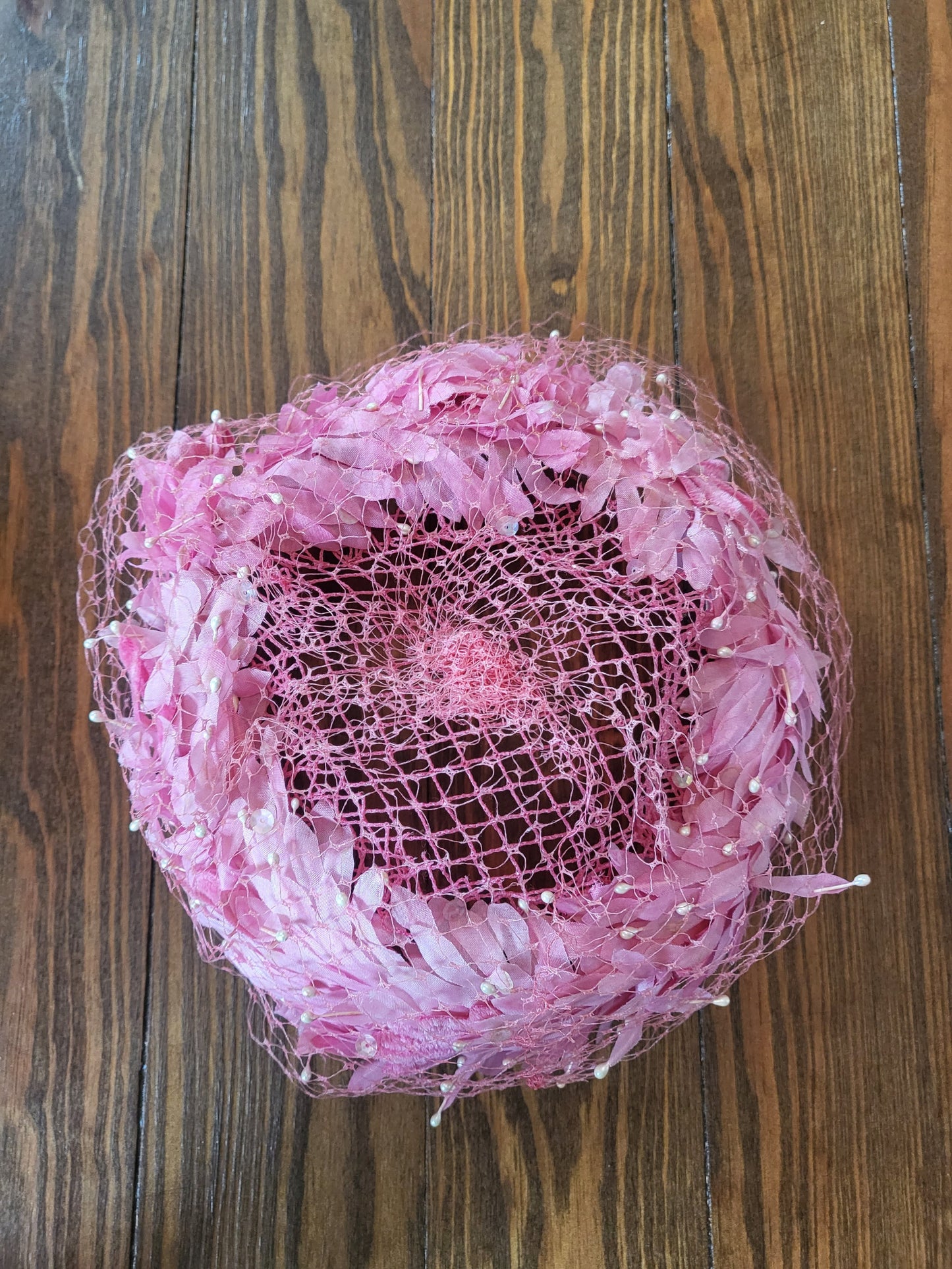 SOLD - Vintage 1950's-1960's Pink Petal Halo Cap with Birdcage Veil