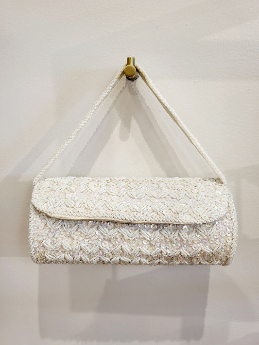 SOLD - Vintage White Beaded Barrel Handbag