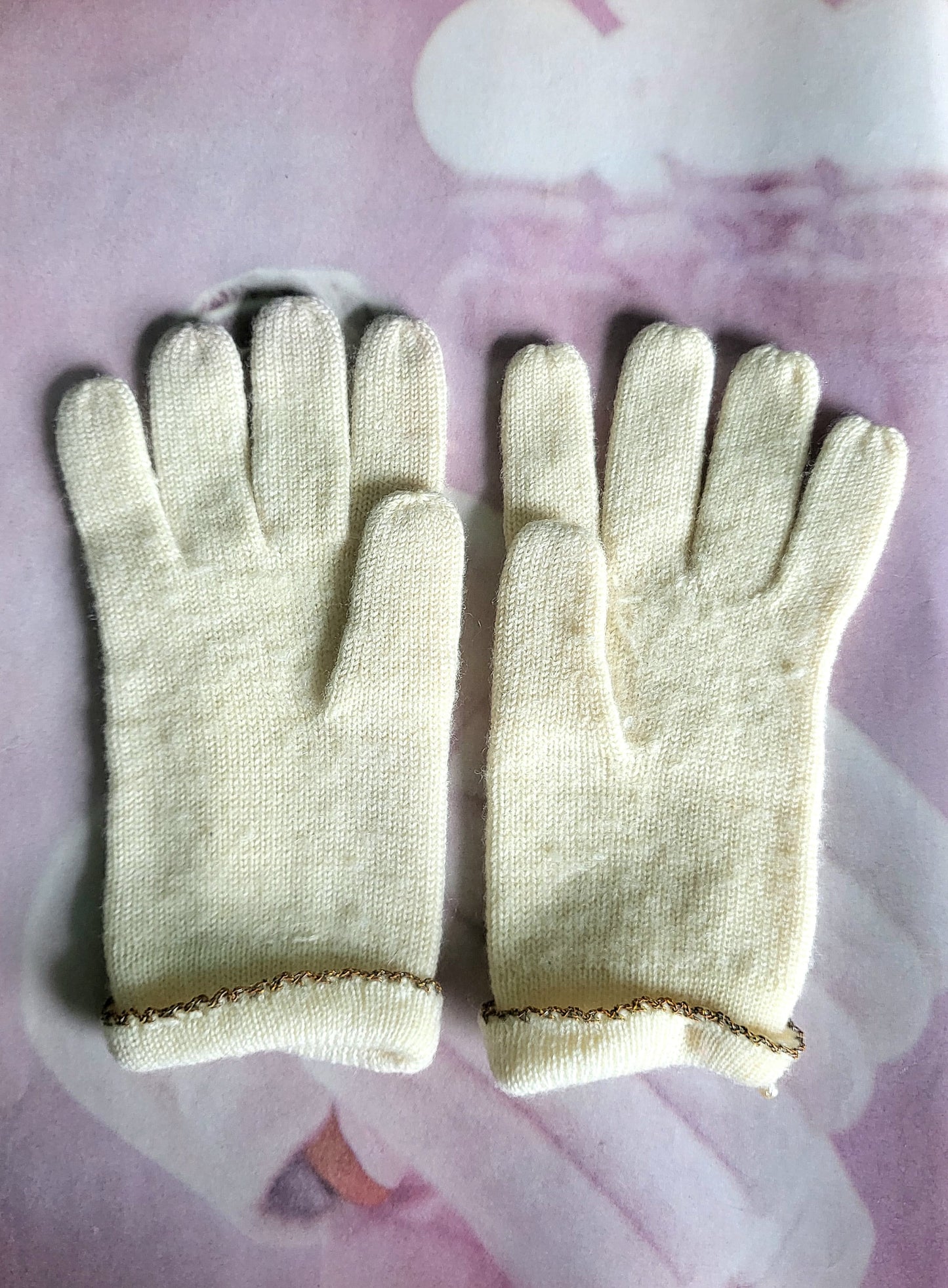 SOLD - Vintage 1950's-1960's Ivory Knit Wool Gloves with Bead Trim