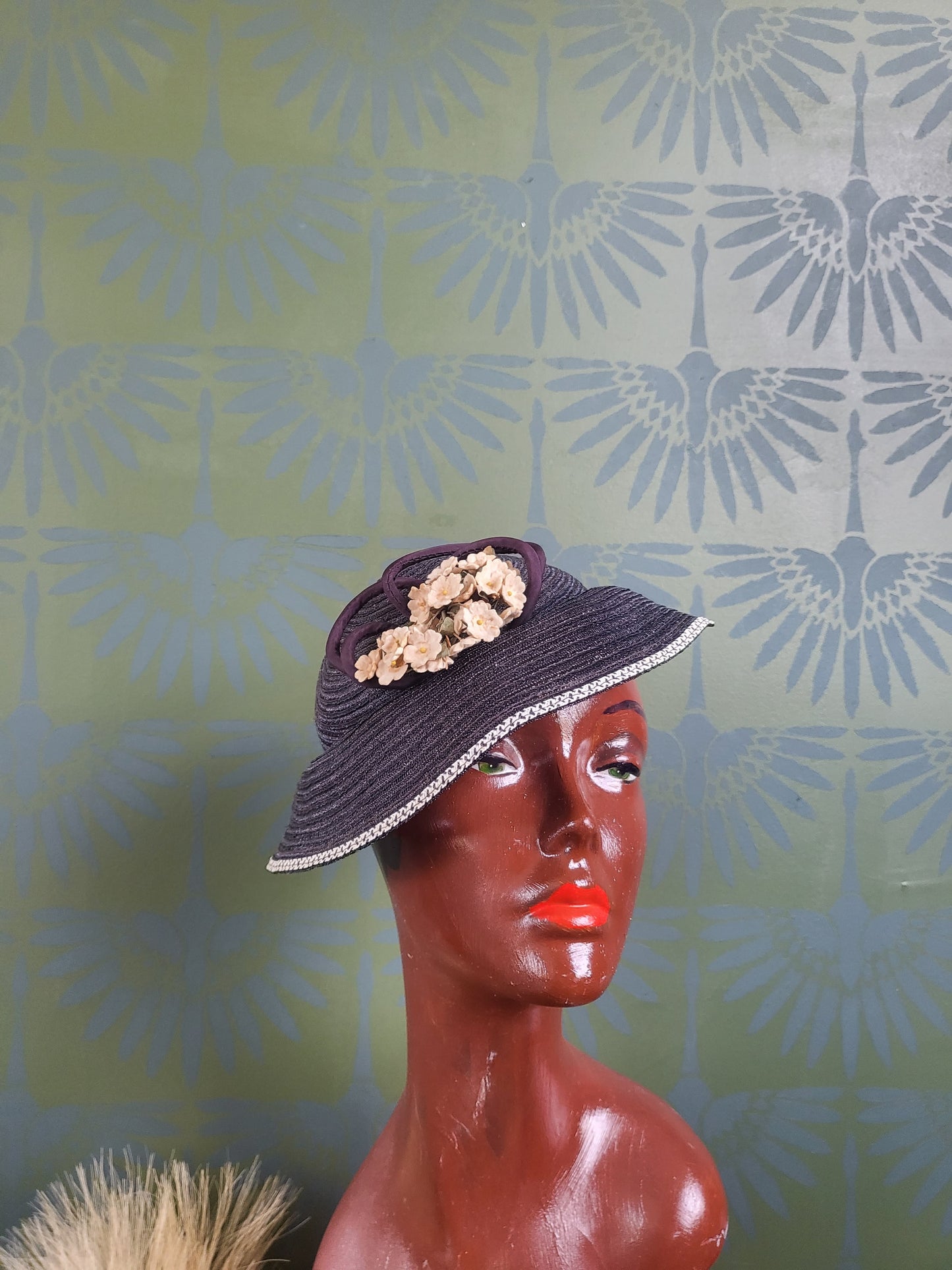 SOLD - Vintage 1930's-1940's Navy Straw Topper with Ivory Flowers