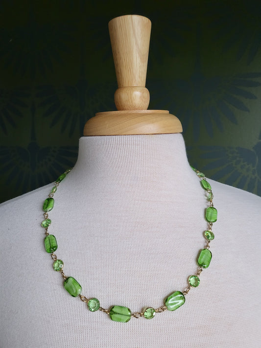 SOLD - Vintage Green Bead and Rhinestone Necklace