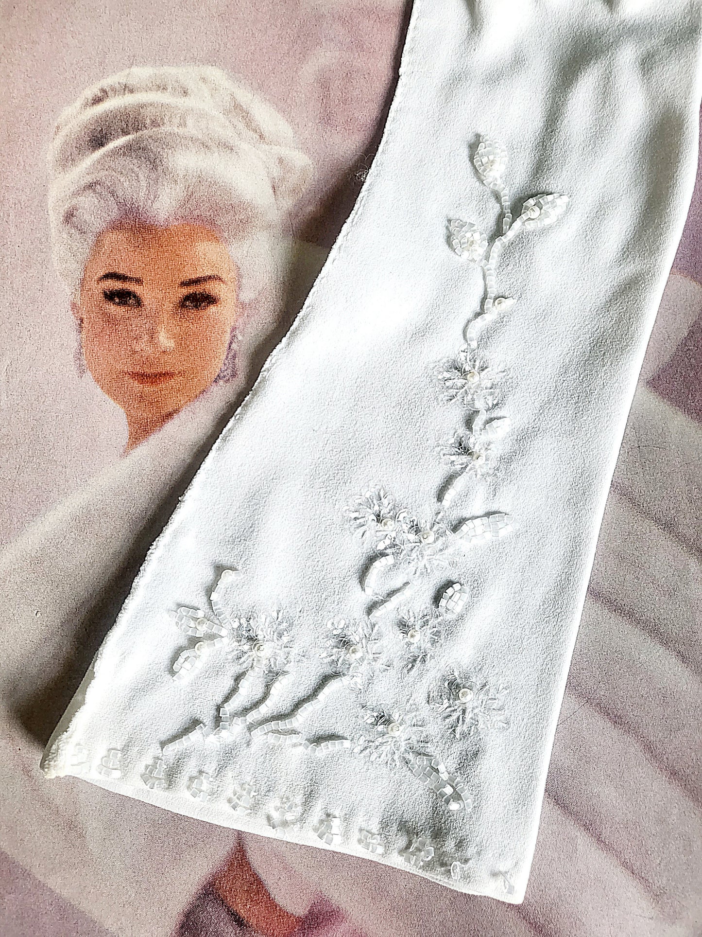 STYLE 3007 - Vintage 1950's-1960's White Nylon Floral Beaded Long Gloves