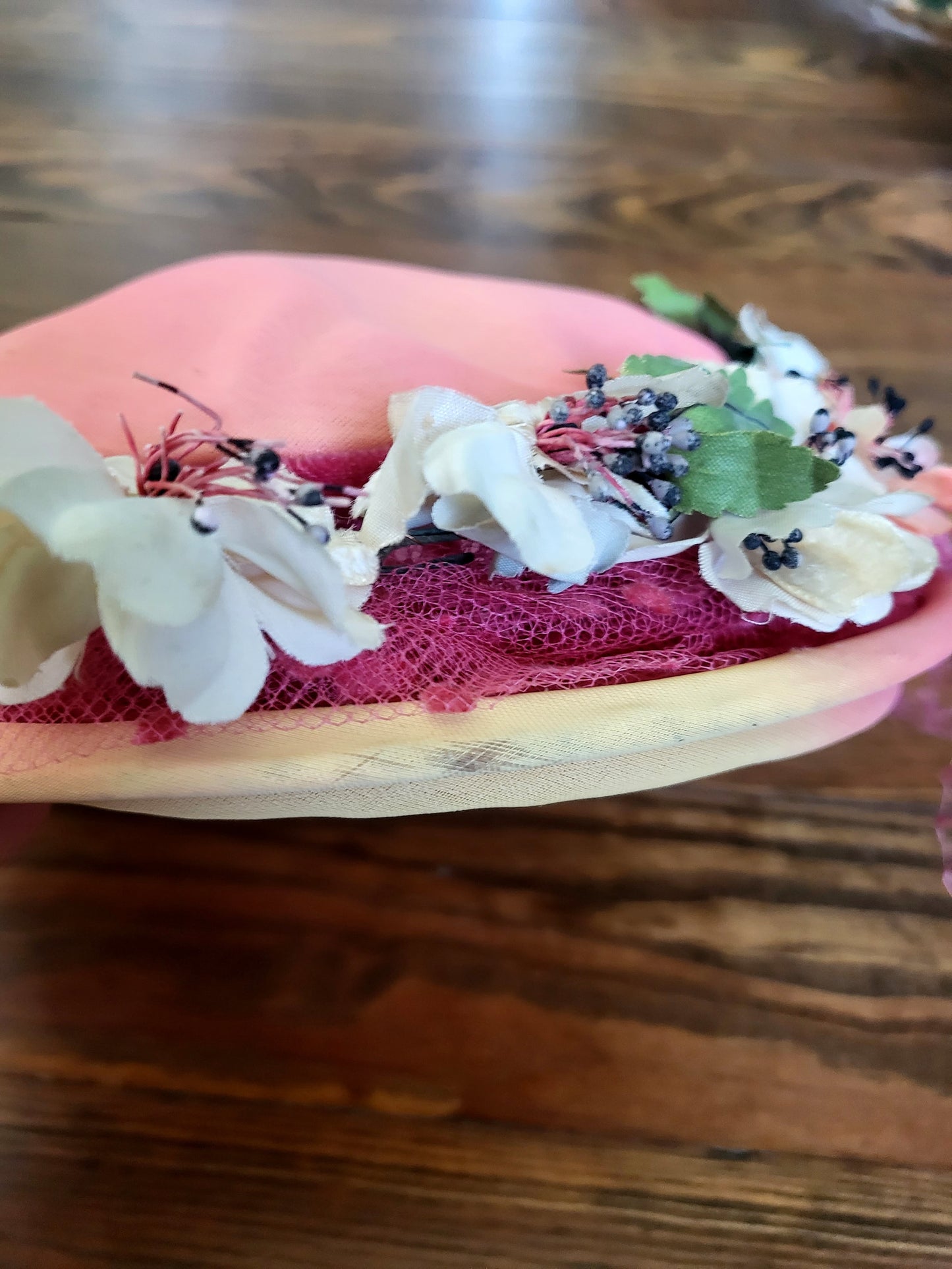 SOLD - Vintage 1950's Pink Fabric and Flower Circle Topper with Birdcage Veil