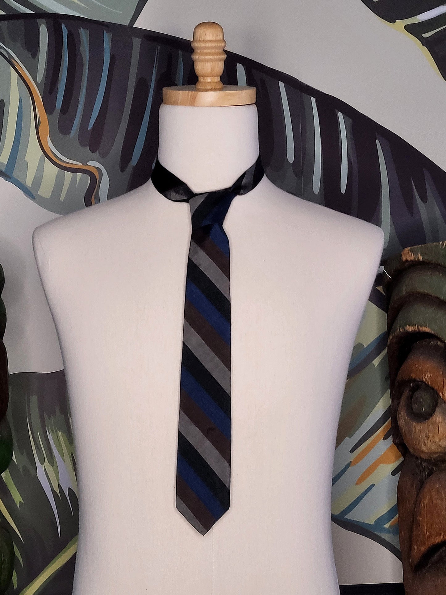 Vintage Diagonal Stripe Slim Neck Tie - Blue/Charcoal/Brown