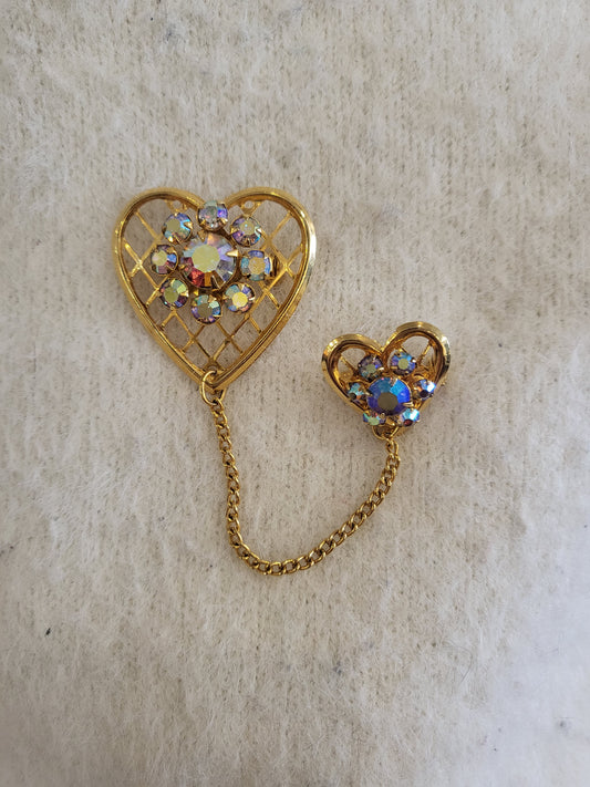 Vintage Golden Heart Set with Iridescent Rhinestones Brooch