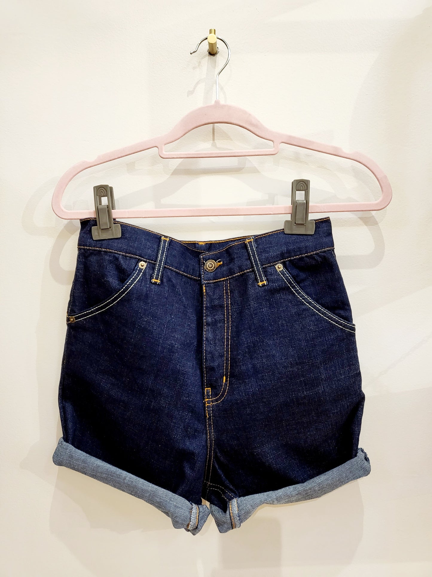 High Waisted Denim Shorts-Blue Pocket Stitching